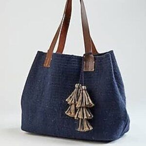 JJill Everyday Blue Tasseled Jute Tote Bag, Perfect for Summer